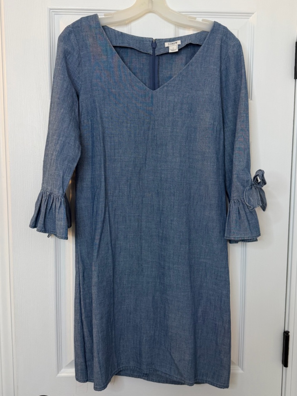 J. Crew Light Blue Chambray V-Neck Midi Dress with Ruffle Tie Sleeves